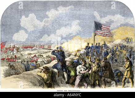 Les Américains derrière les parapets de tirer sur les anglais dans la bataille de la Nouvelle-orléans 1815 à la fin de la guerre de 1812. À la main, gravure sur bois Banque D'Images