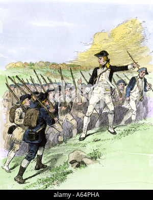 Le Général John Stark menant la milice du New Hampshire à la bataille de Bennington Vermont 1777. À la main, gravure sur bois Banque D'Images