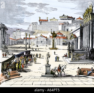 Place du marché de l'ancienne cité-état grecque de Sparte. À la main, gravure sur bois Banque D'Images