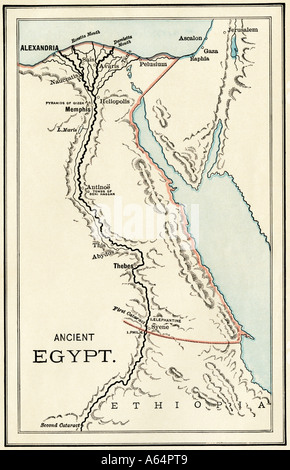 Carte des sites importants dans l'Egypte ancienne. Lithographie couleur Banque D'Images