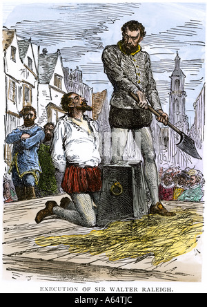 L'exécution de Sir Walter Raleigh en Angleterre 1618. À la main, gravure sur bois Banque D'Images