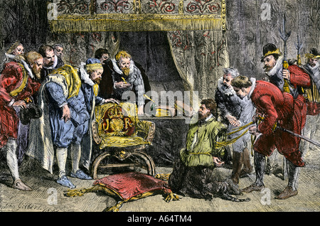 Guy Fawkes amené devant le roi James I après la découverte de la Conspiration de faire sauter le Parlement 1605. À la main, gravure sur bois Banque D'Images