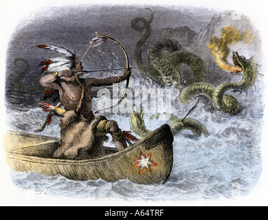 Dans un canot Hiawatha visant sa flèche au dragon des mers. À la main, gravure sur bois Banque D'Images