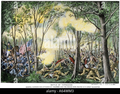 Bataille de Tippecanoe dans laquelle William Henry Harrison défait Tecumseh et ses guerriers autochtones américaines 1811. La main, d'une peinture de demi-teinte Banque D'Images