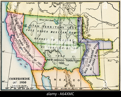 Carte montrant l'expansion de l'esclavage dans l'ouest du territoire des États-Unis après le compromis de 1850. Lithographie couleur Banque D'Images