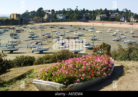 Lit de fleur et VOILIERS À MARÉE BASSE SAINT-BRIAC-SUR-MER COVE BRETAGNE FRANCE Banque D'Images