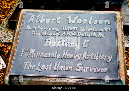 Plaque à Albert Woolson statue en dernier survivant de l'Armée de l'Union de la guerre civile au Lake Superior Railroad Museum. Duluth Minnesota USA Banque D'Images