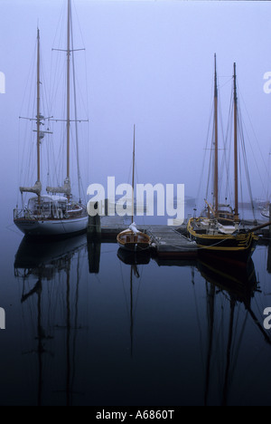 Voiliers amarrés sur un matin brumeux à Rockport, Maine. Banque D'Images