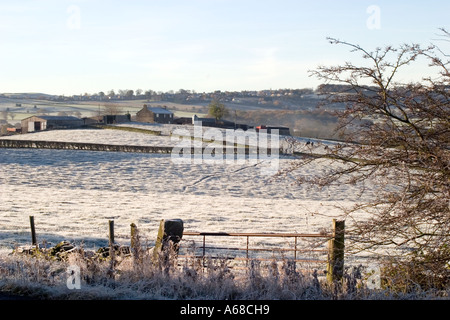 Vue sur Champs givré entre Shelley Woodhouse et inférieure Cumberworth Huddersfield West Yorkshire Banque D'Images