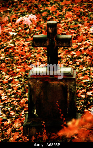 Tombe avec croix et les feuilles d'automne Banque D'Images