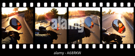 Composition de plusieurs images d'un motocycliste vu de derrière avec le coucher du soleil la lumière. Banque D'Images