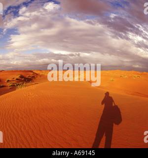 Fish-eye grand angle des dunes de sable du désert rouge et ciel assombri spectaculaire en fin d'après-midi Al-Ain Abu Dhabi ÉMIRATS ARABES UNIS Au Moyen-Orient Banque D'Images