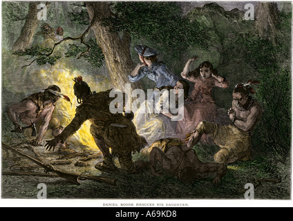 Daniel Boone sauve sa fille de la Native American ravisseurs. À la main, gravure sur bois Banque D'Images