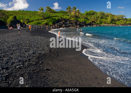 Honokalani Black Sand Beach, Wainapanapa State Park, near Hana, Maui, Hawaii, USA Stock Photo