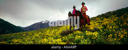 Deux cavaliers passer à travers un champ de fleurs sauvages à feuilles deltoïdes Arrowleaf sur une sortie de printemps à Sun Valley dans l'Idaho Banque D'Images