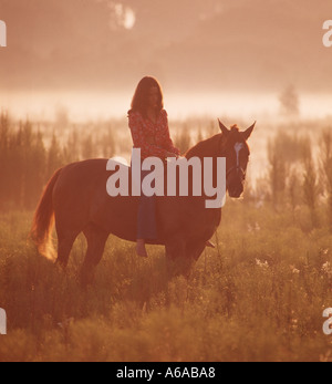 Fille sur le cheval dans la brume matinale Banque D'Images