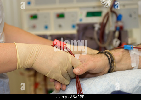 Infirmière détient une part de patients pendant la dialyse UK Banque D'Images