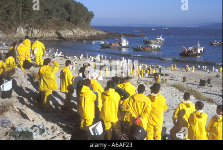 Marée noire du Prestige en cours de nettoyage de plage par des bénévoles LOCATION Islas Cíes Ria de Vigo Galice, Espagne Banque D'Images