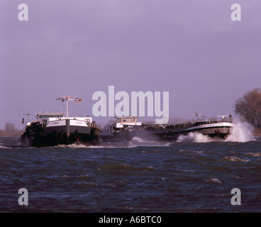 Deux barges dans tempête sur rivière Waal Banque D'Images