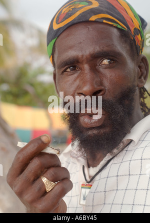 Une verticale de l'image couleur rasta d'un homme portant un polo shirt type avec ses cheveux dans un banadana tenant un joint de graisse Banque D'Images