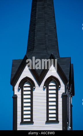 Détail de la photographie noir et blanc St Andrews Presbyterian Church en bois à Lunenburg en Nouvelle-Écosse, Canada Banque D'Images