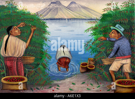 Peinture d'un lac Atitlan et cueillette du café par les indiens maya de Santiago Atitlan Banque D'Images