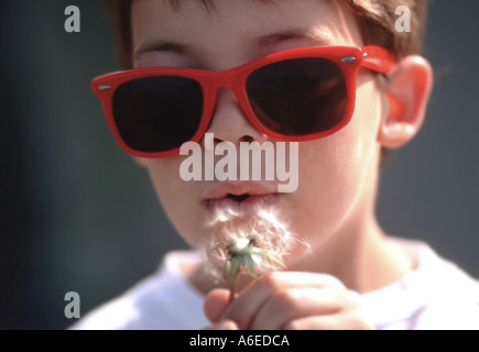 7 yr old boy blowing off tête pissenlit graines Banque D'Images