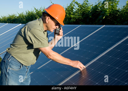 Ingénieur inspectant les panneaux solaires, communiquant sur téléphone cellulaire dans le vignoble, Californie. Banque D'Images
