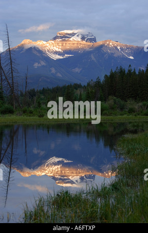 Le premier matin la lumière atteint le sommet du mont Pilot sur le lacs Vermillion, près de Banff, en Alberta, Canada. Banque D'Images