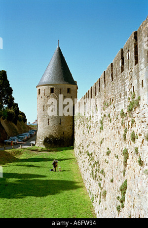 Une partie de la paroi extérieure de la cité médiévale de Carcassonne qui est sur la Liste du patrimoine mondial de l'UNESCO Banque D'Images