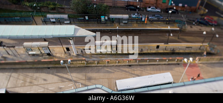 Toytown surréaliste de l'image de la station de tramway Shudehill Interchange aerial view Manchester UK Banque D'Images