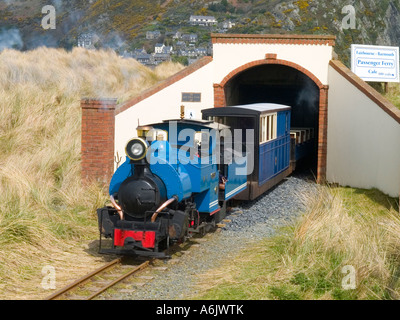 Locomotive à vapeur réservoir selle bleu qui sortent d'un tunnel sur le chemin de fer du pays de Galles Fairbourne Banque D'Images