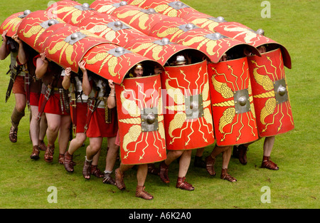 Ermine Street Guard démontrer la manœuvre défensive tortue dans l'affichage des techniques de combat à l'Amphithéâtre Romain Caerleon UK Banque D'Images