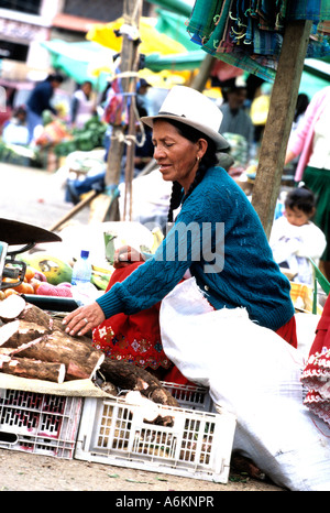 Femme vêtements traditionnels au marché dans le petit village de Gualaceo près de Cuenca Equateur Banque D'Images