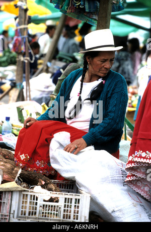 Femme vêtements traditionnels au marché de fruits et légumes dans le village de Gualaceo près de Cuenca Equateur Banque D'Images