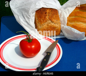 Pain frais cuit et tomate sur table de pique-nique à l'aide d'un couteau Banque D'Images