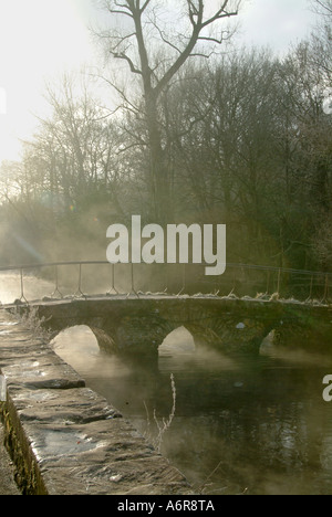 Pont de pierre sur la rivière Colne à Bibury, Gloucester, en Angleterre, à proximité de Arlington Row. Banque D'Images