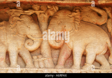 A l'éléphant Hathi Gumpha fines sculptures au célèbre grottes Udayagiri Bhubaneswar Orissa en Inde Banque D'Images