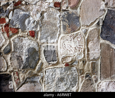 Beaux-arts, arts nordiques, les pierres runiques, fragment avec lion, murés dans le mur de l'église du village, 11ème / 12ème siècle, SW, Söderköping Banque D'Images