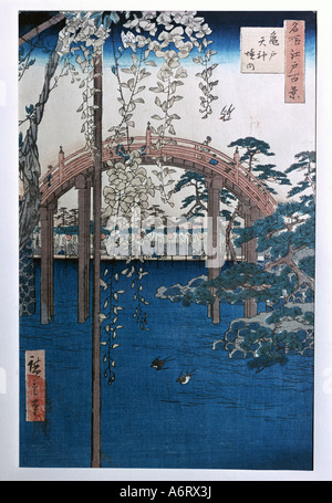 'Fine Arts, Hiroshige Utagawa (1797 - 1858), pont de Kameido, gravure sur bois, 1856, 33,7x22 cm, Musée autrichien d'arts appliqués, Vie Banque D'Images