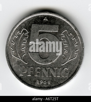 Argent, pièces de monnaie, République démocratique allemande (RDA), 5 Pfennig, 1968, Banque D'Images