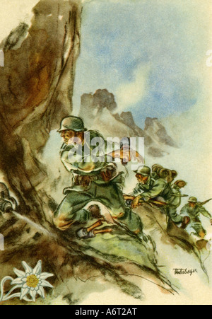 National socialisme, beaux-arts, peinture, 'fusil de montagne', carte postale, vers 1941, NCO, infanterie, troupes de montagne, soldat allemand, Wehrmacht, armée, uniforme, seconde Guerre mondiale, seconde Guerre mondiale, propagande, Allemagne nazie, troisième Reich, militaire, XXe siècle, Banque D'Images