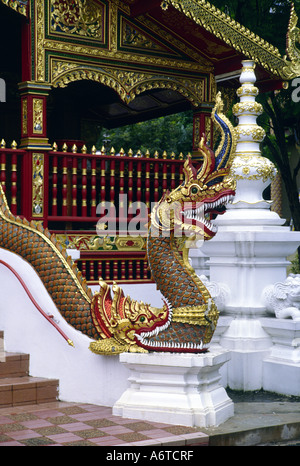 Naga fonctionnant en bas bord d'escalier pour un Wat ou temple à Chiang Saen, Thaïlande Banque D'Images