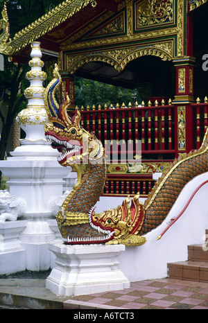 Naga fonctionnant en bas bord d'escalier pour un Wat ou temple à Chiang Saen, Thaïlande Banque D'Images