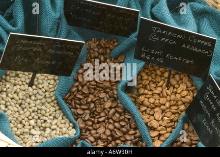 Les grains de café (Coffea arabica, café de montagne) haricots blancs : lumière rôtis, torréfaction foncée, chauffe moyenne & flocons de matières diverses dans des sacs Banque D'Images