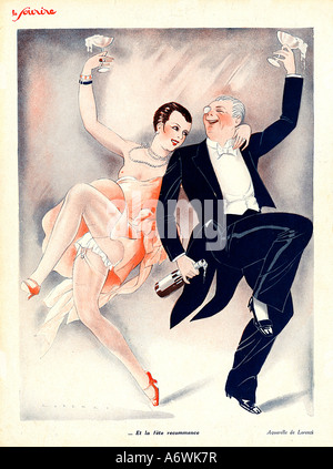 La fête recommence 1927 illustration française des carnavaliers retour sur le dancefloor déversant champagne Banque D'Images