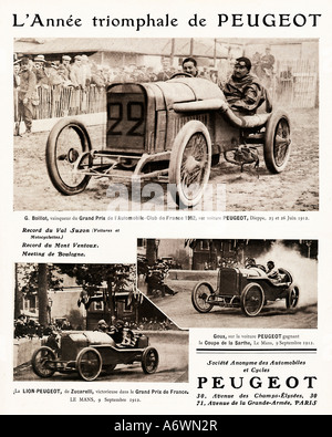L'année 1912 Course Peugeot avec Boillot remportant le Grand Prix de France à Dieppe Zucarelli et Goux au Mans Banque D'Images