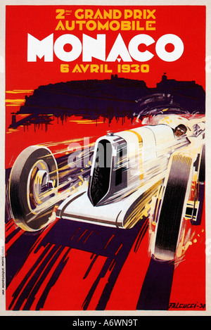 Grand Prix de Monaco 1930, affiche pour la 2ème course à Monte Carlo montre une course Mercedes-Benz SSK d'argent vers l'observateur Banque D'Images