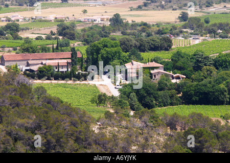 Domaine Cazeneuve à Lauret. Pic St Loup. Languedoc. La végétation du sous-bois de garrigue avec des buissons et des herbes. La cave du bâtiment. La France. L'Europe. Vignoble. Banque D'Images