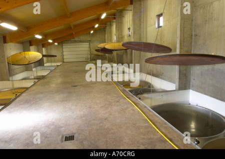 Domaine de Canet-Valette Cessenon-sur-Orb St Chinian. Languedoc. Fermentation en acier inoxydable et des réservoirs de stockage. Haut flottant cuves. La France. L'Europe. Banque D'Images